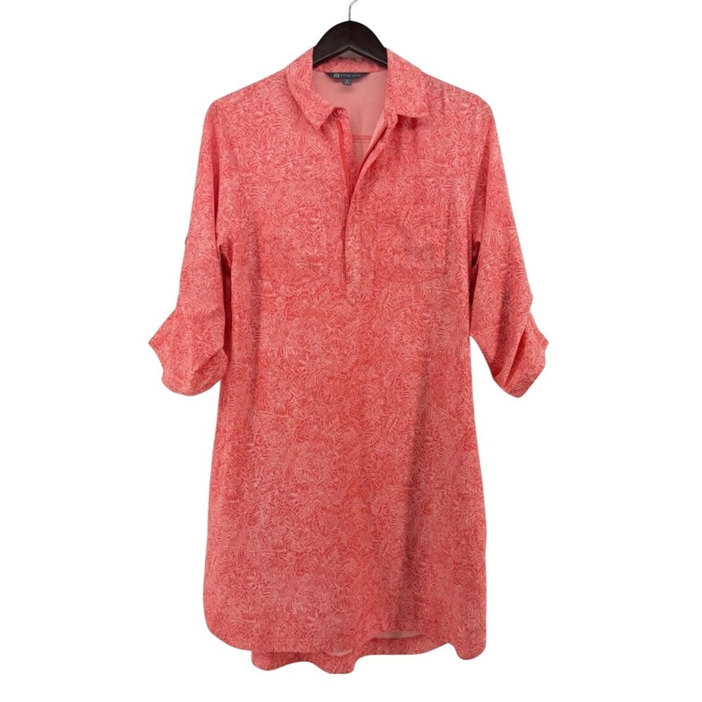 Title Nine Tunic Dress Coral Botanical Print Roll Tab Zip Sun Protection  L